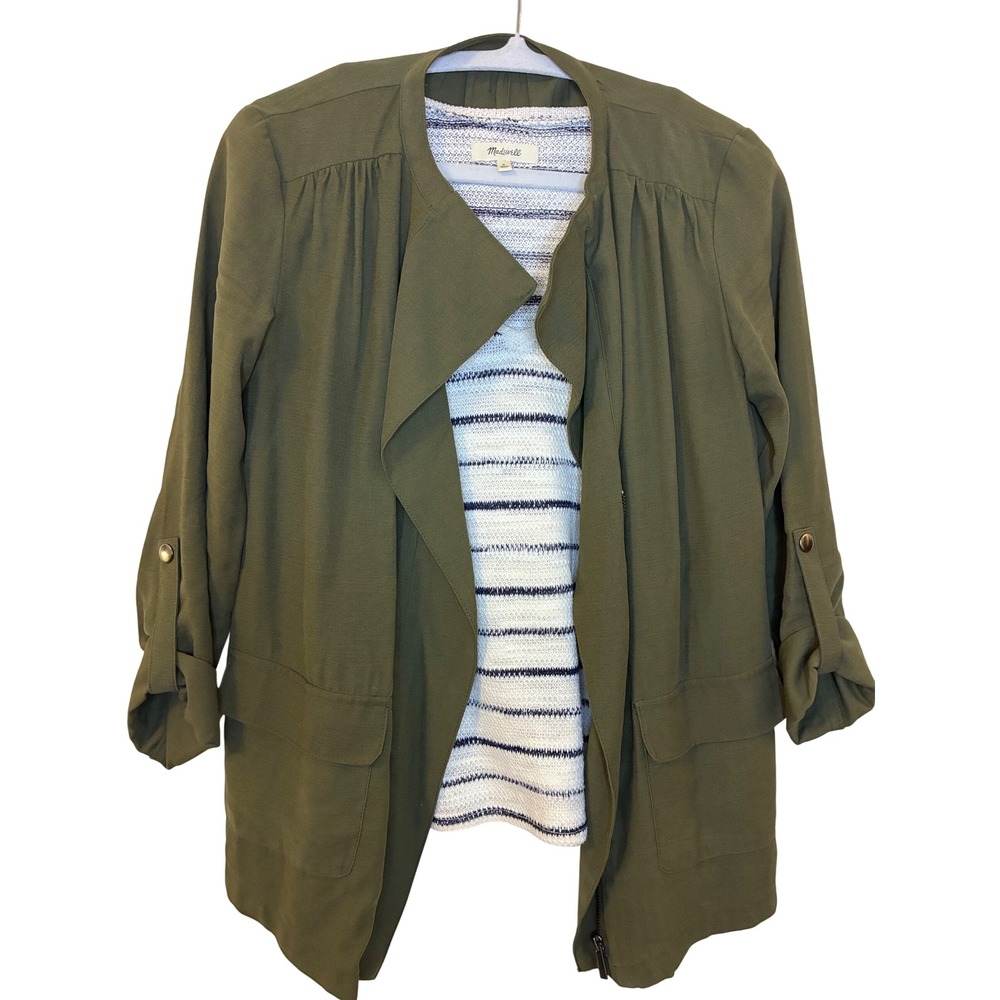 Madewell Olive Green Utility Jacket and Navy Striped Knit Top Set XS